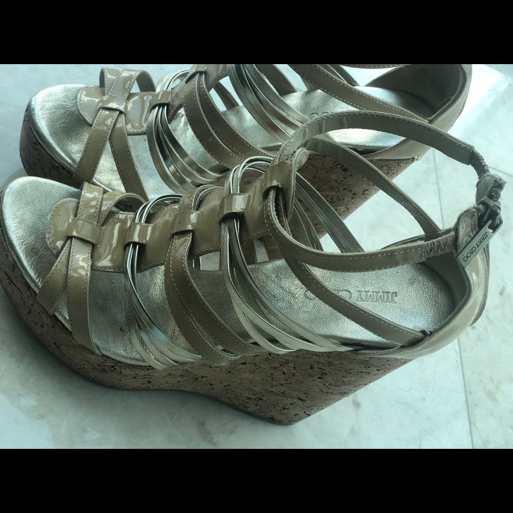 Jimmy Choo Gold Nude strappy cork Weges - Picture 7 of 8